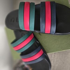 Gucci Blue and Red Slide Sandals Bold Stripes